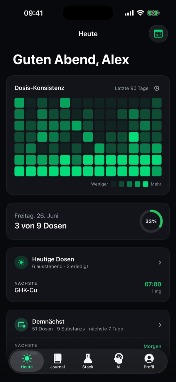 Peptide Stack Heute-Tab mit den geplanten Dosen