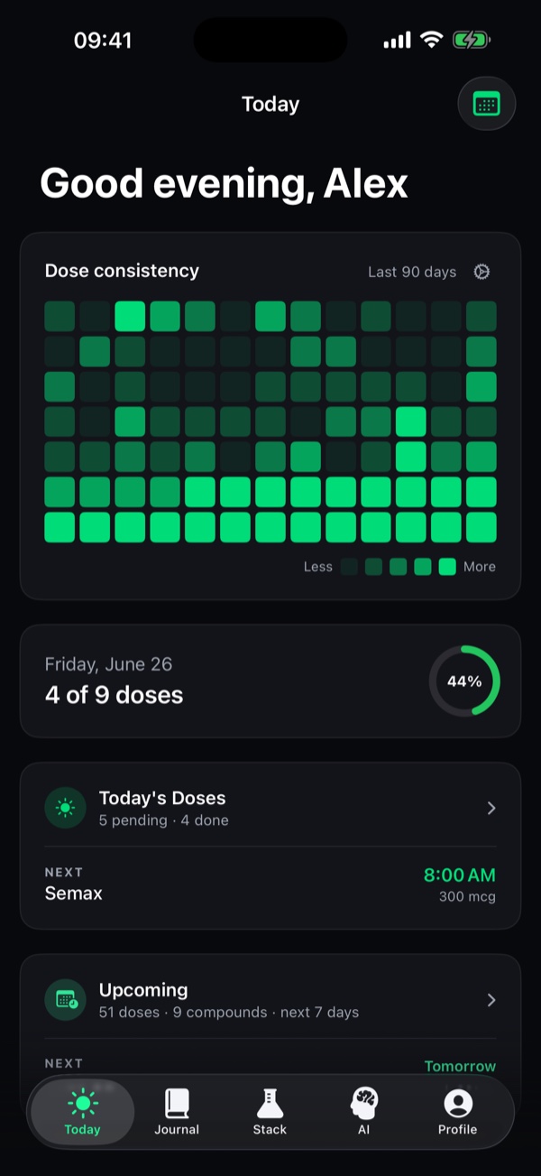 Peptide Stack Today tab showing scheduled doses