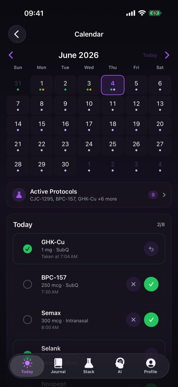 Monthly calendar with dose indicators