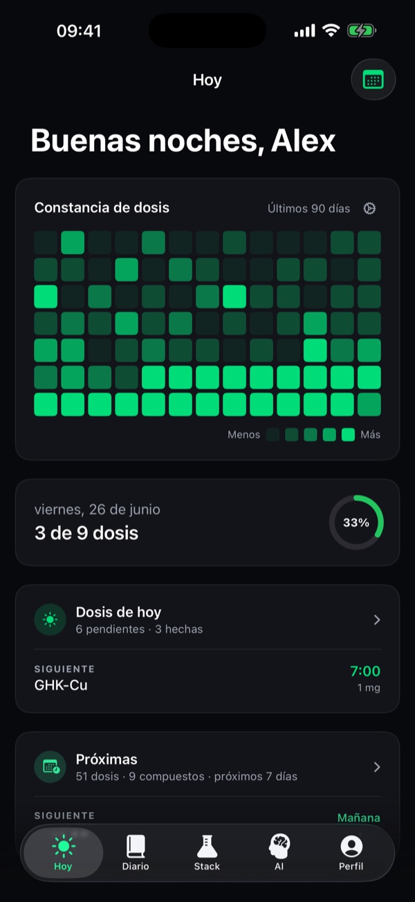 Pestaña Hoy de Peptide Stack mostrando las dosis del día
