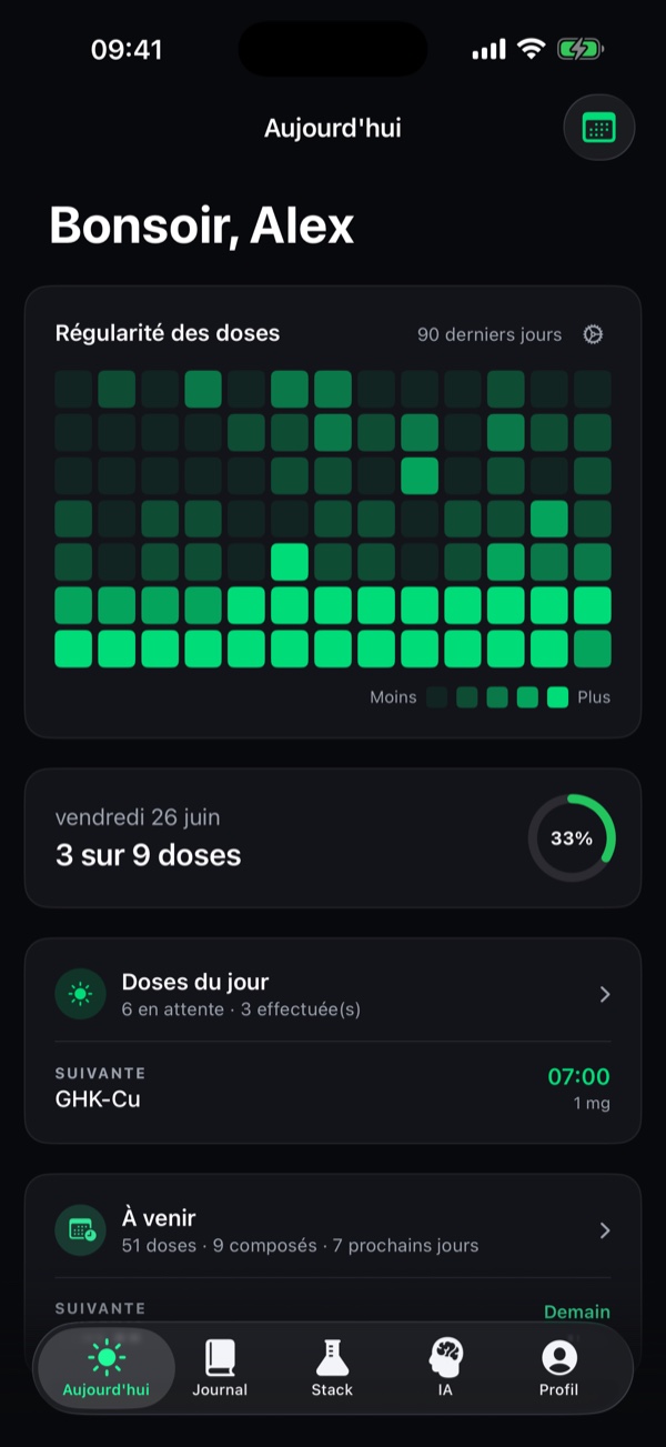 Onglet Aujourd'hui de Peptide Stack avec les doses du jour