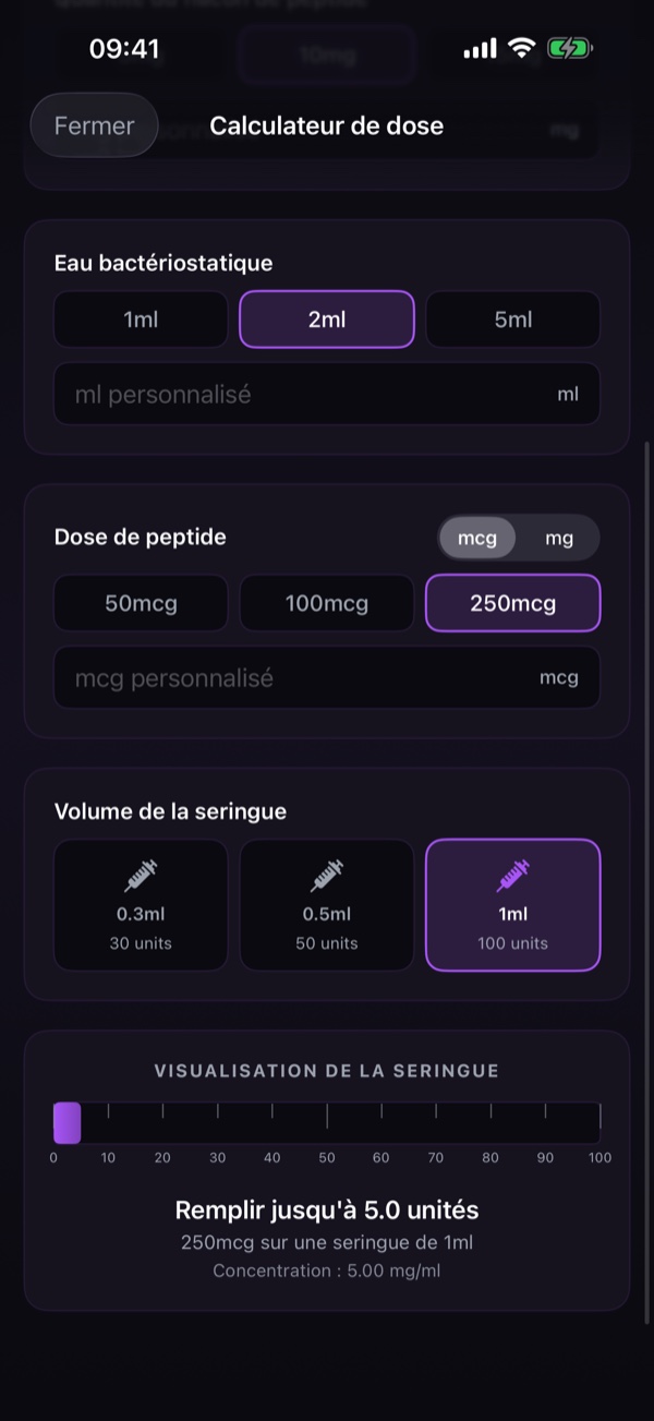 Calculatrice de reconstitution avec champs du flacon