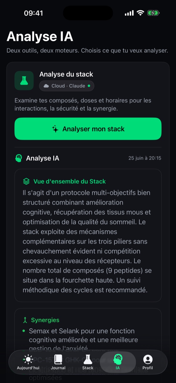 Onglet d'analyse IA avec les retours sur le protocole