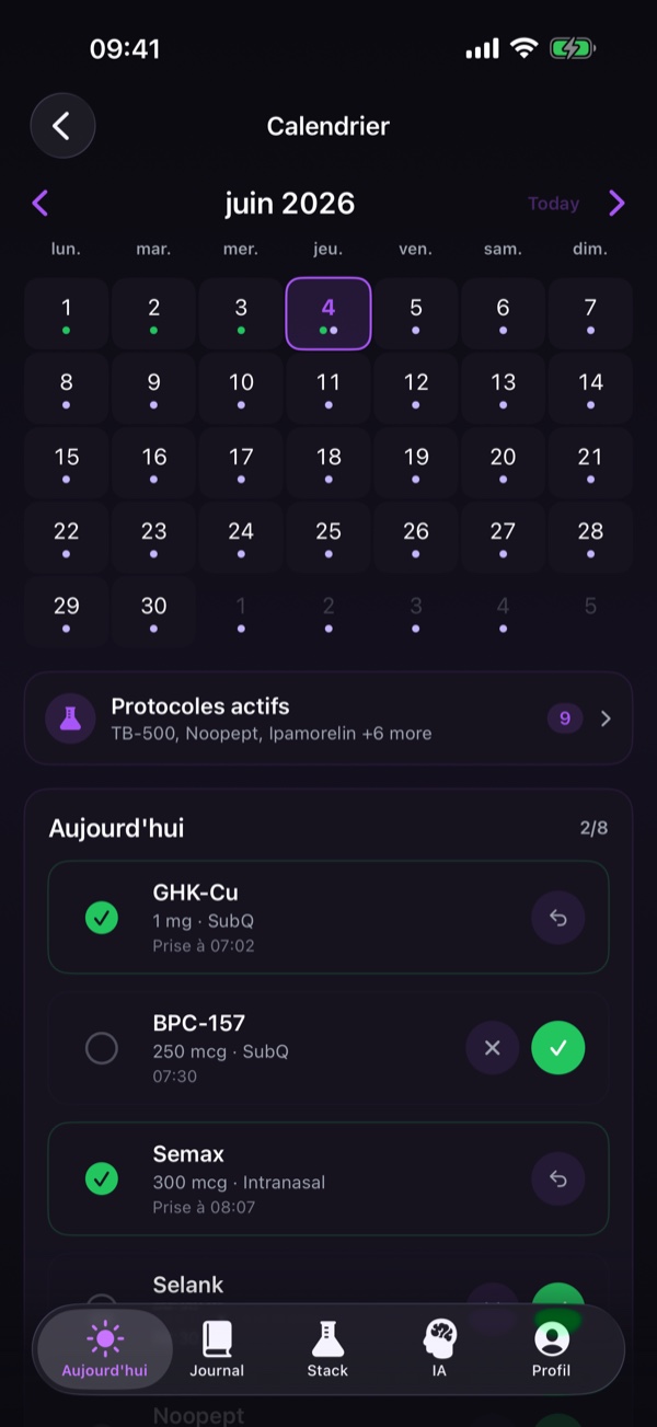 Calendrier mensuel avec indicateurs de dose