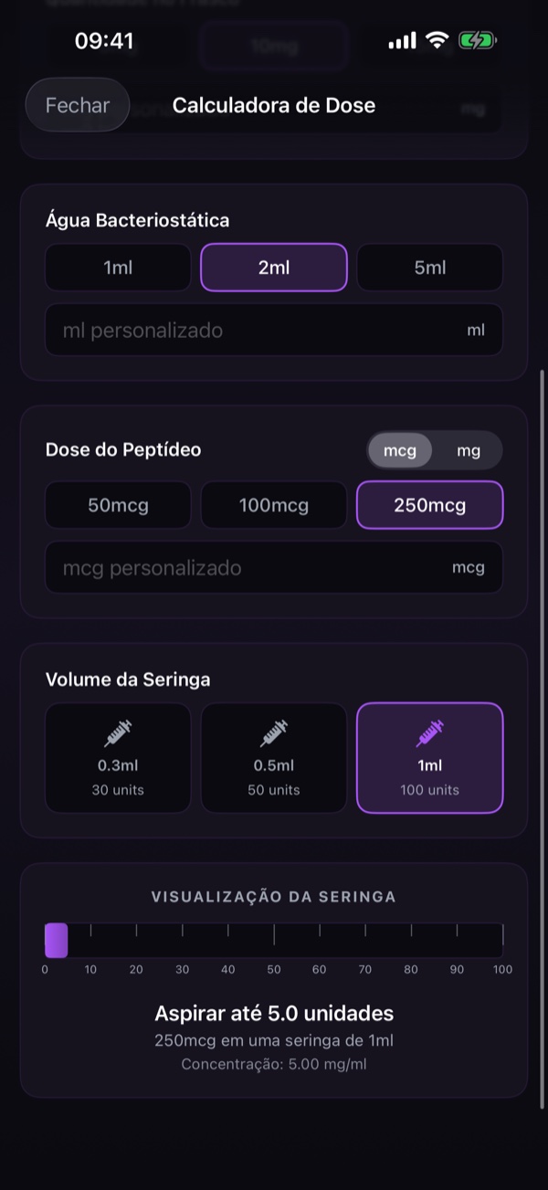 Calculadora de reconstituição com campos do frasco